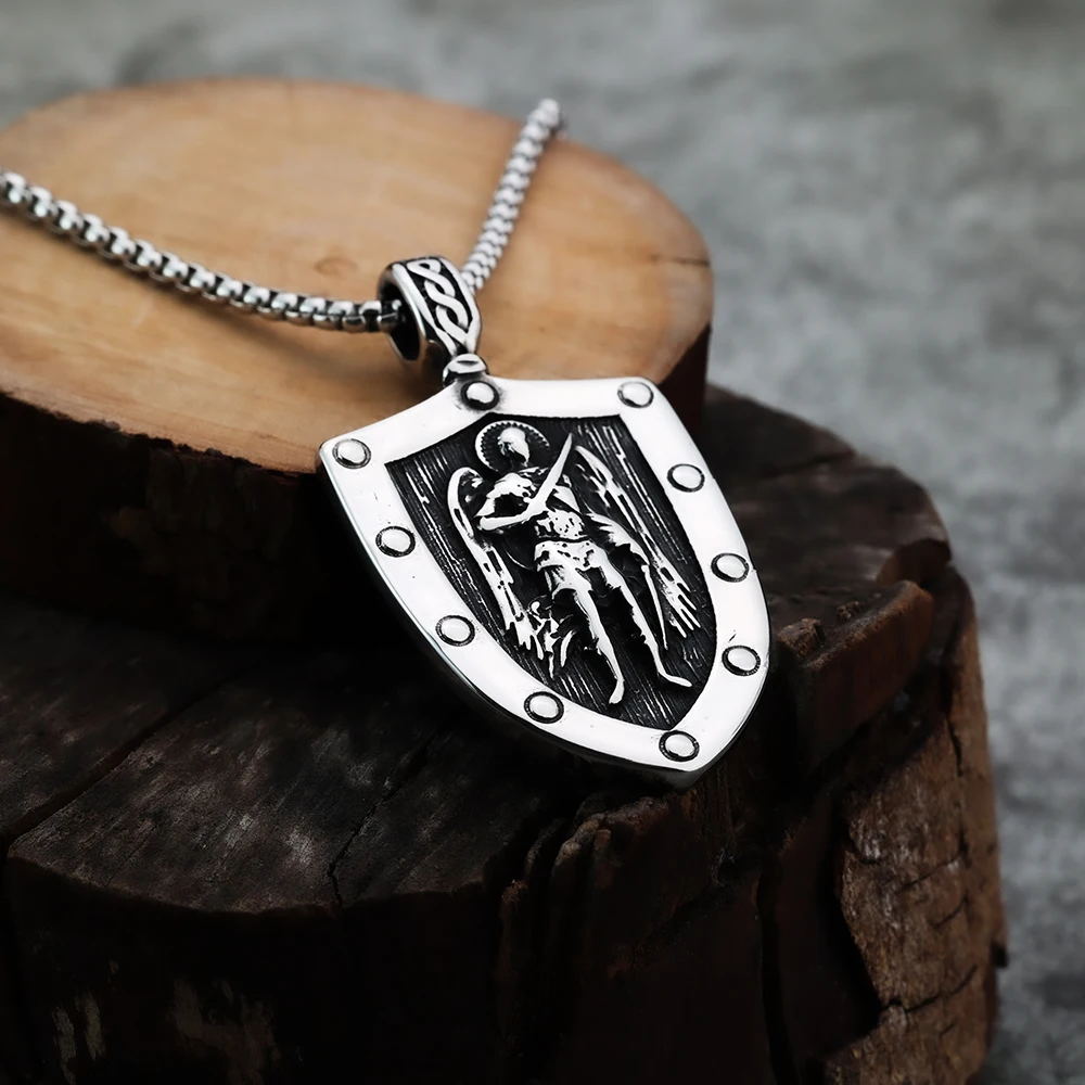 European and American Style Viking Fashion Shield Archangel Personality Men's Pendant Necklace Holiday Gift Jewelry