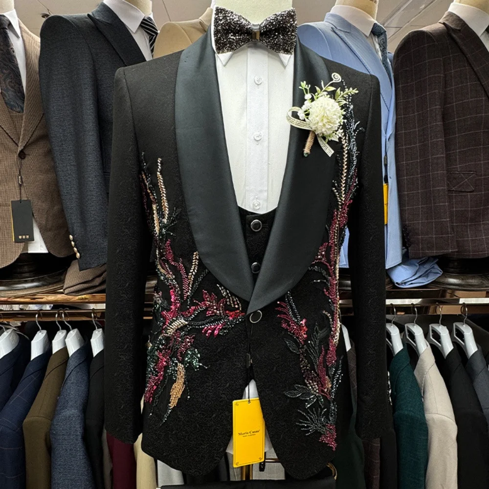 Fast Delivery Appliqued Men's Suit Set 3PCS For Wedding Classic Crystal Groom Suit Party Suit Blazers Pants Exquisite Men's Suit