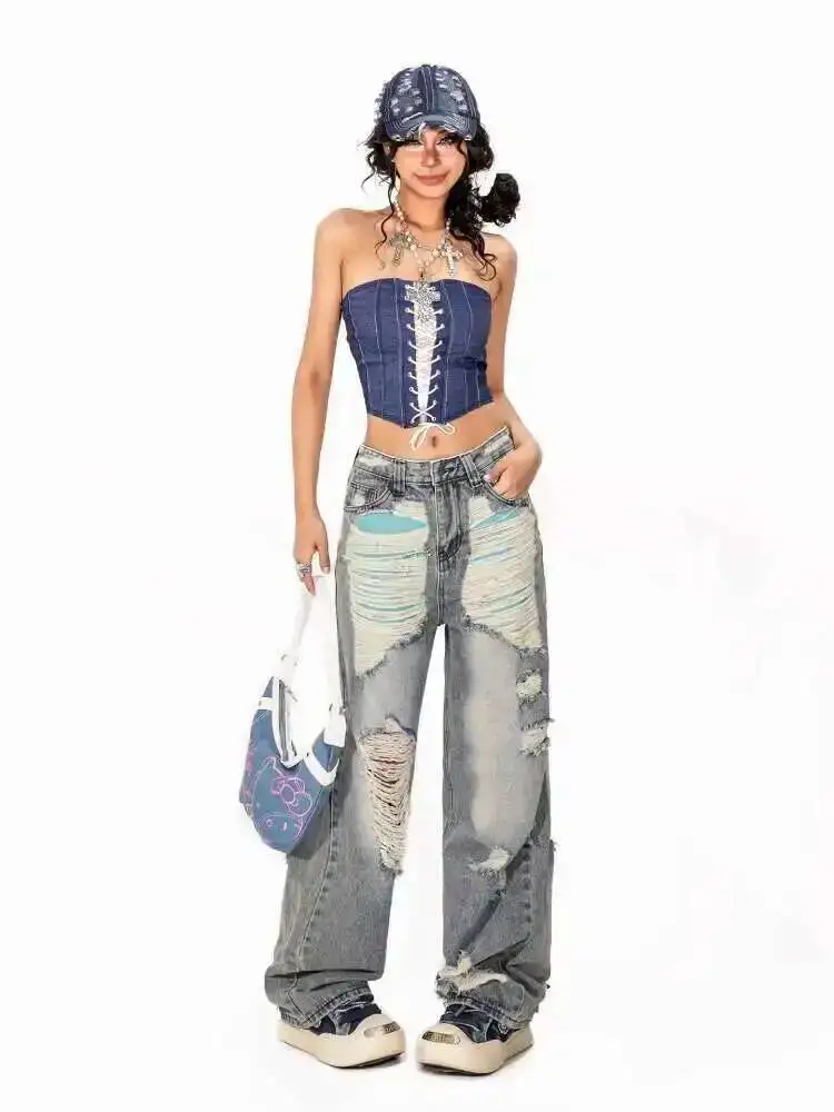 

American Style Lace Patchwork Tube Top Vest For Women Inner Wear Fake Two-Piece Sexy Tie-Up Hot Girl Top