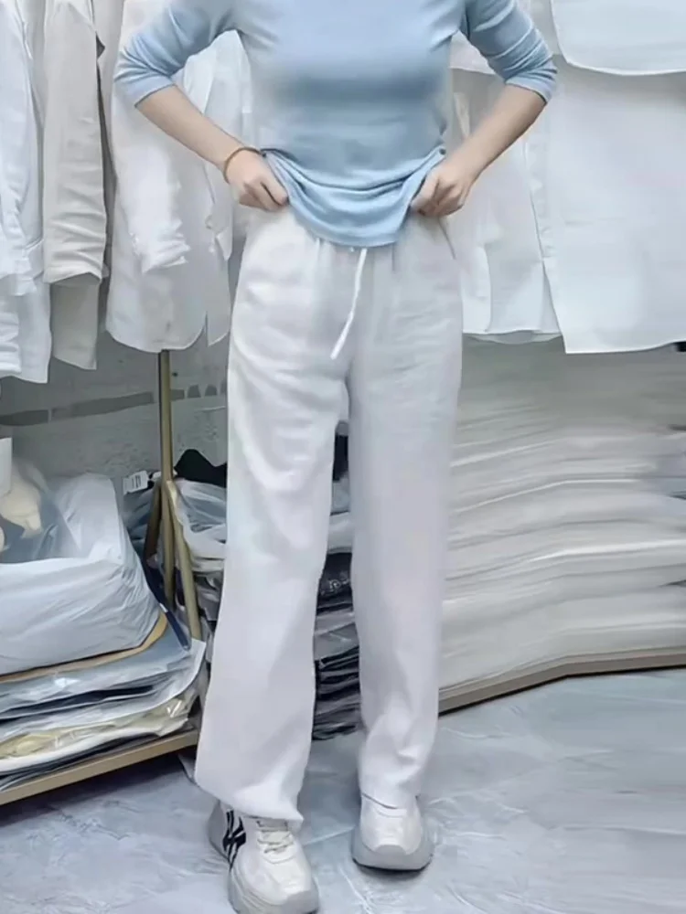 Branco perna larga algodão linho calças casuais das mulheres verão cintura elástica tubo reto commute sle calças de cintura alta