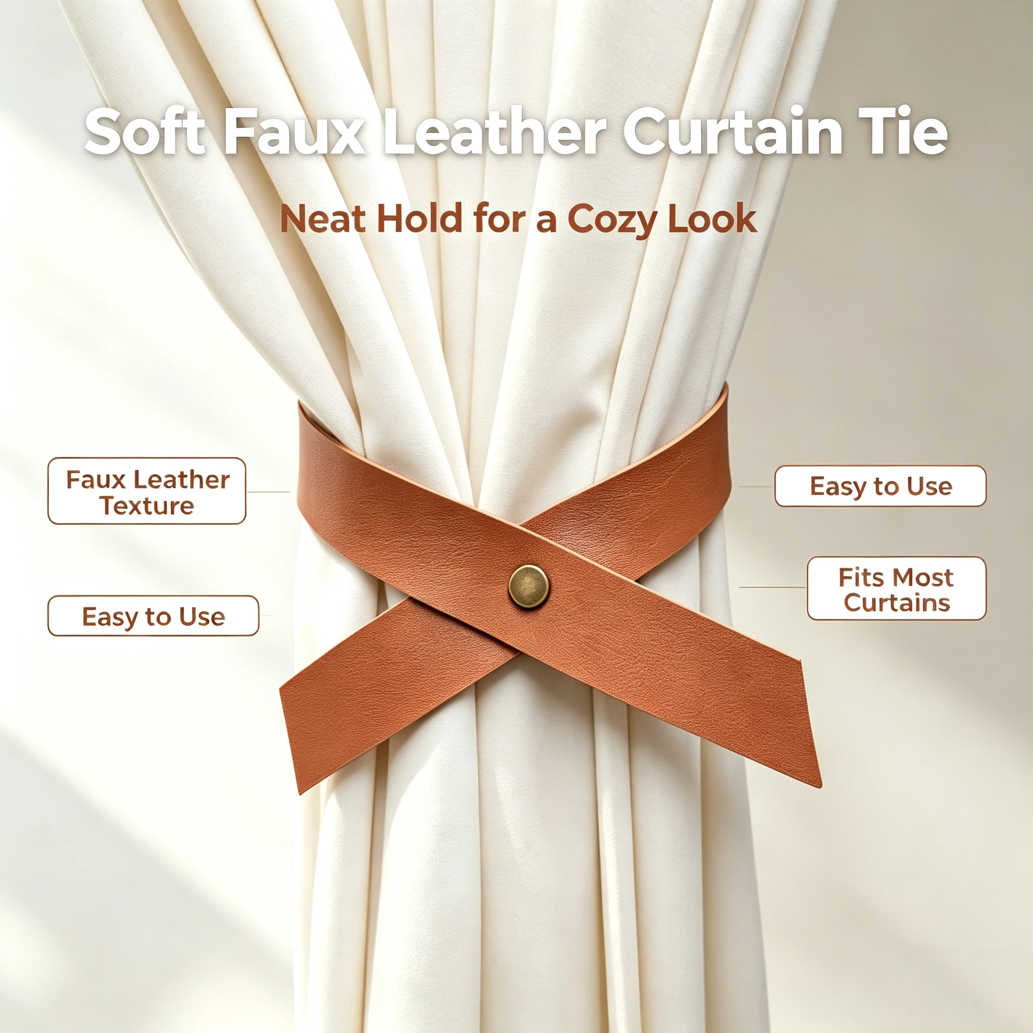 2Pcs Leather Curtain Tiebacks, Cross Design Window Curtain Holdbacks with Brass Button, Decorative Curtain Straps