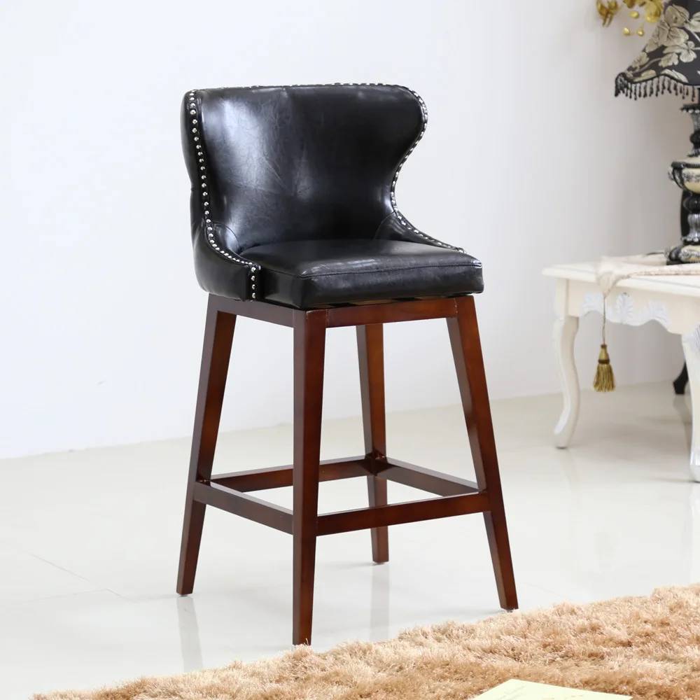 Style leather soft bag bar chair, solid wood high bar chair, restaurant hotel bar chair