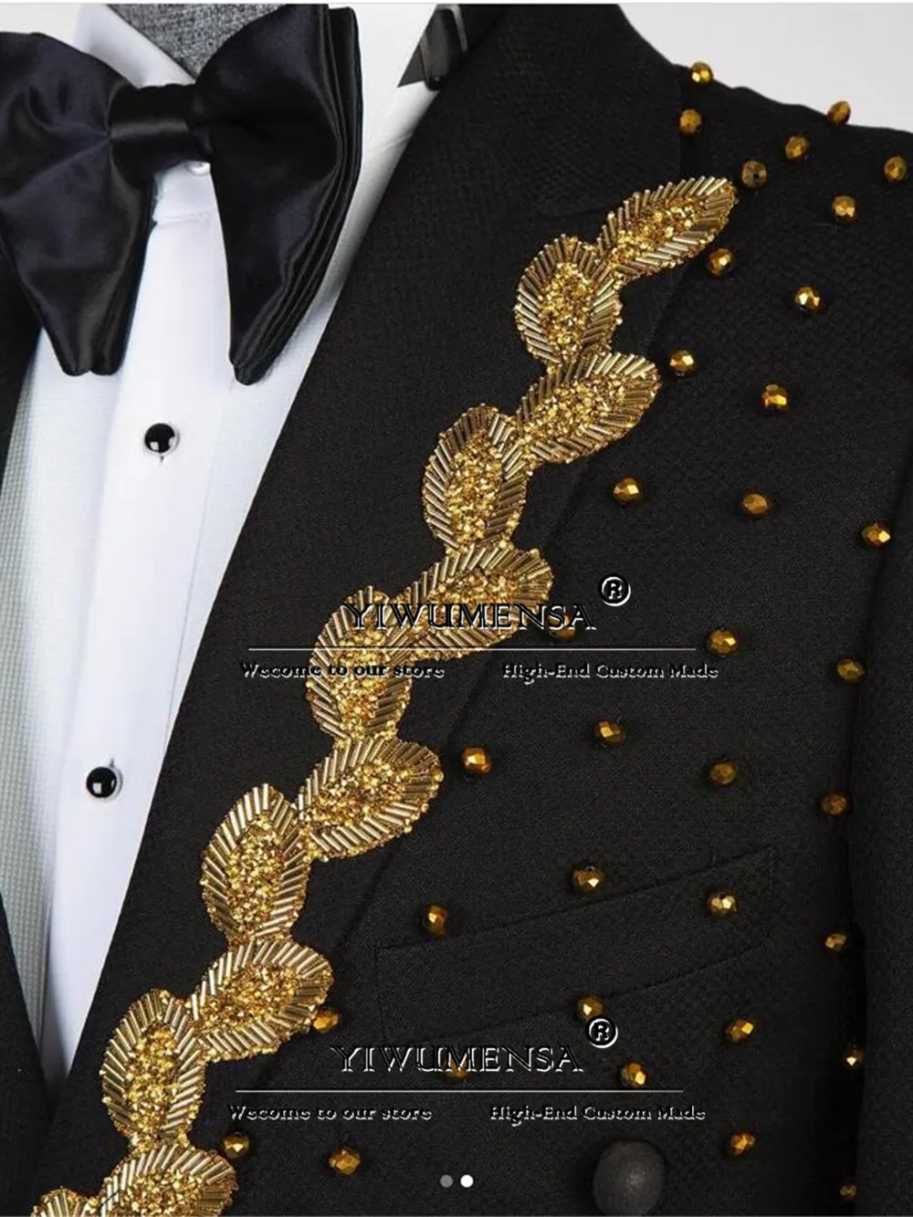 Luxury Groom Wedding Tuxedo Golden Crystals Beaded Pearls Prom Blazer Bespoke Double Breasted Suits Men Formal Party Dinner Coat