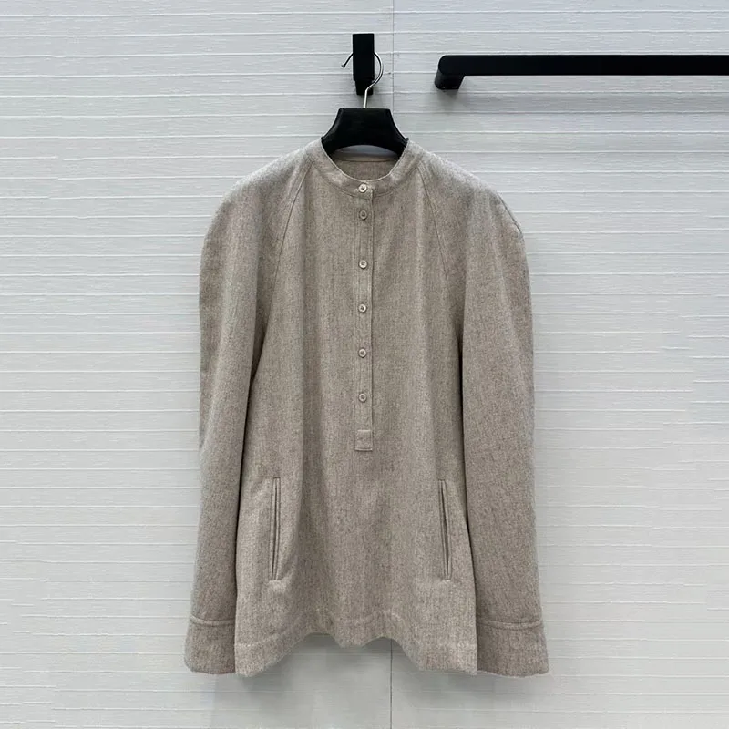 

Women's Wool Flannel Shirt, Stand Collar Half-Button-Down Top, Fashionable Casual Oversized Commuter Jacket, Fall, New Arrival,