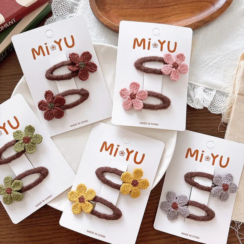 Hair Clips Kids Early Autumn Flower Wool Knit BB Clip White Dark Cute Bangs Fringe Accessories for Girls Standard Size Soft Cozy