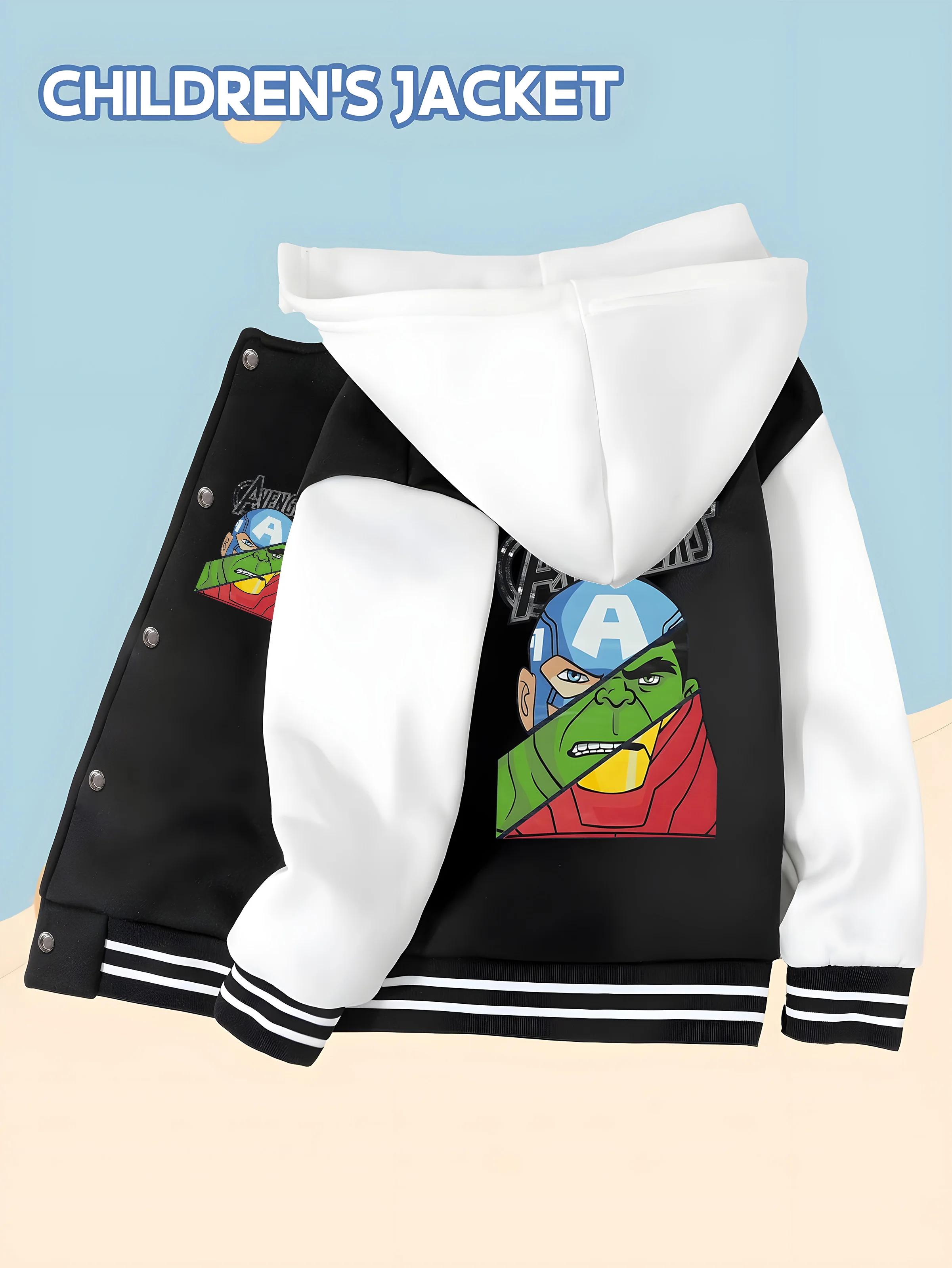 

MINISO Marvel Boys' Baseball Jacket - Avengers Hero Print, Double-Sided Pattern, Comfortable Fabric, Black and White, Trendy