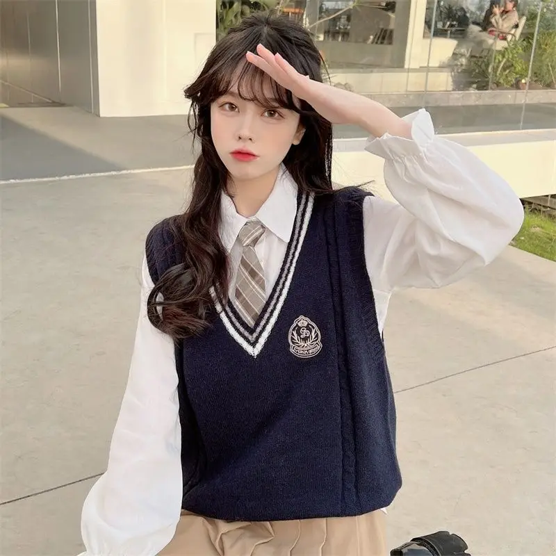 Spring Autumn Winter JK Uniform Japan Korean Preppy Style Knit Vest White Shirt with Tie Outfits High School Student Tops 2024