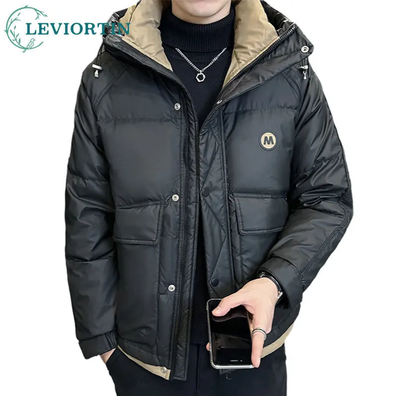 Men's White Duck Down Jacket Short Styles Winter Trendy Hooded Warm Thick Three Proof Hooded Jacket Men Outwear