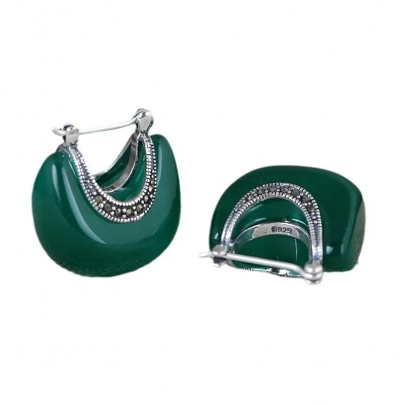 BOCAI S925 Silver Jewelry Cat Eye Stone Earrings for Women Retro Craft Chinese Style Fashion Silver Earrings