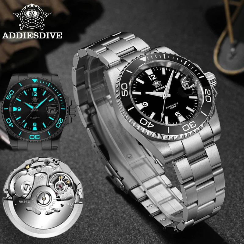 ADDIESDIVE Men's Watch NH35 Automatic Sapphire Glass Ceramic Bezel Mechanical Watches 200m Waterproof Luminous AD2085 Dive Watch