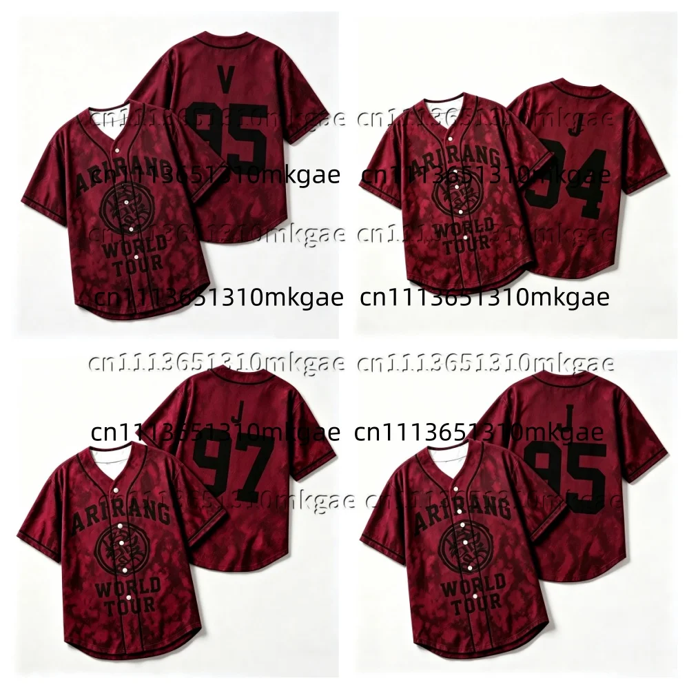 Kpop-Mode Rotes Batik-Baseball-Jersey für Männer Arirang Nummer Buchstabe 92-97 Druck Kurzarm Knopfleiste Hip-Hop Streetwear Hemden – Detail 3