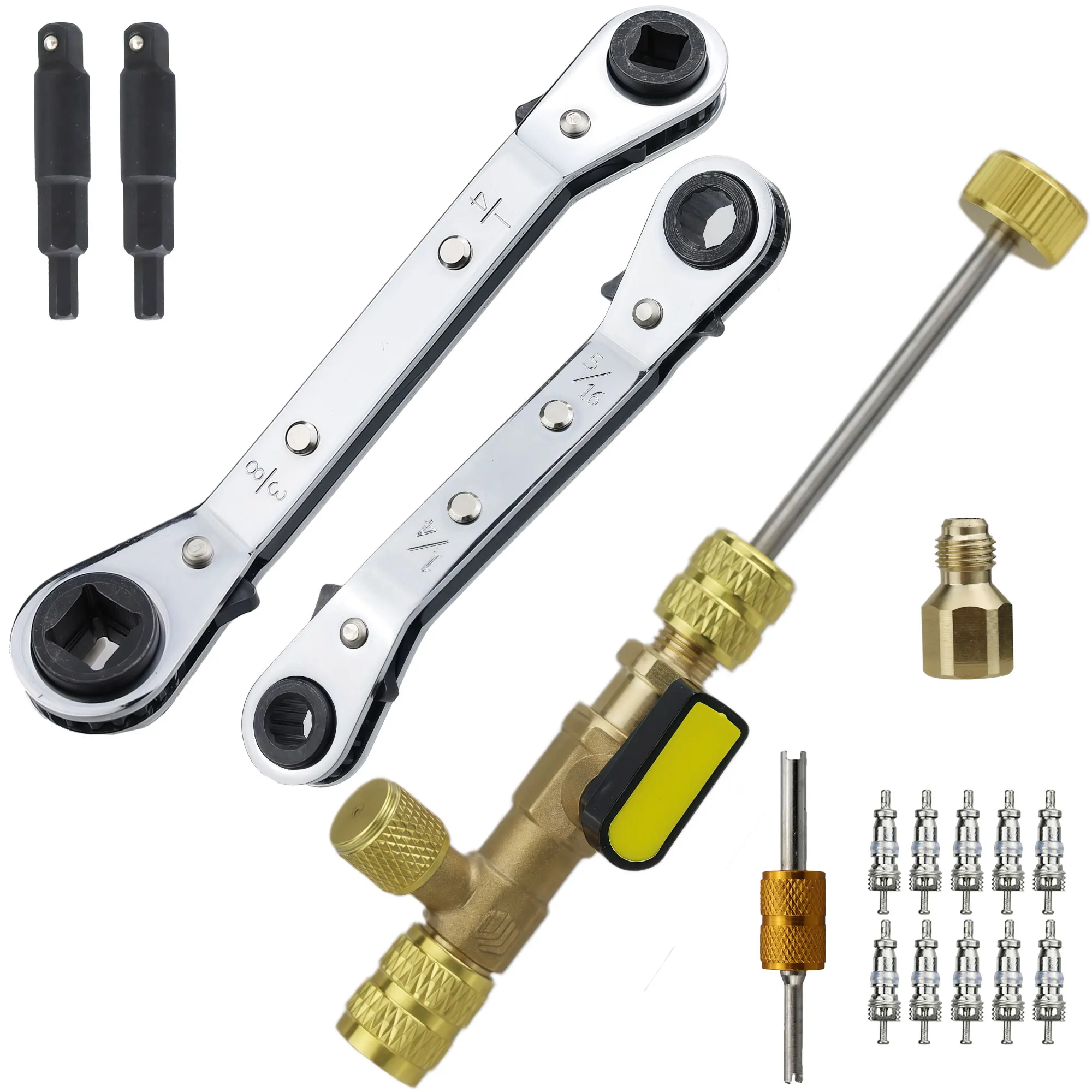Ventileinsatz-Entferner und -Installationswerkzeug-Set mit Doppelgröße 1/4 & 5/16 Zoll Anschluss für R22 R12 R407 R410 R404 R32 R600 HVAC-Systemreparatur
