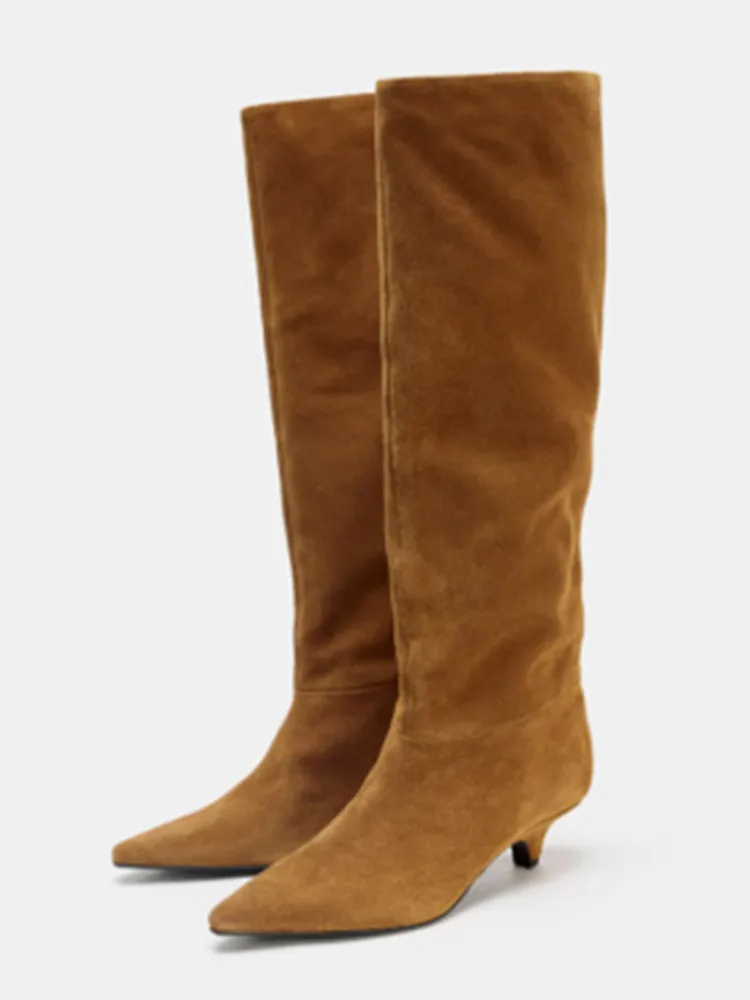 

Осень/зима 2022, новые женские бархатные сапоги до колена на низком каблуке с острым носком, повседневные универсальные женские сапоги среднего и большого размера