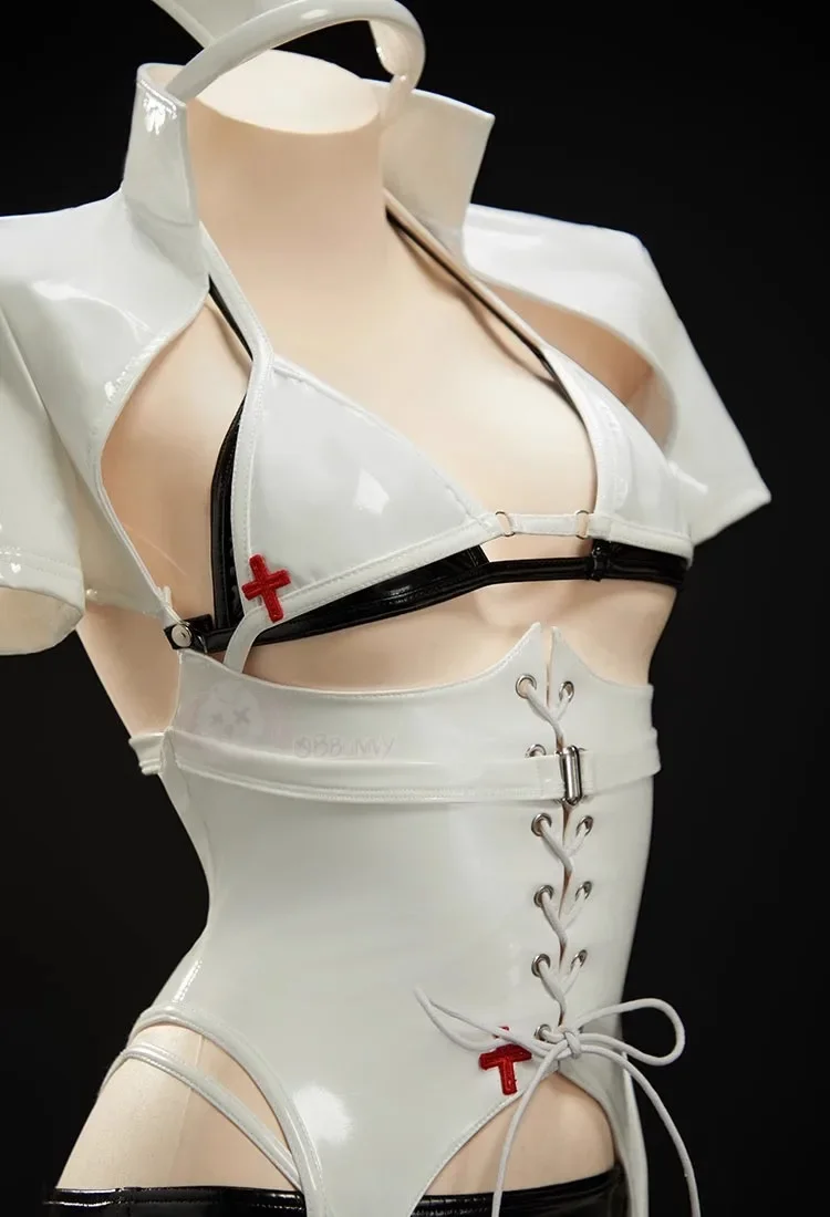 Disfraz de enfermera de Anime para mujer, traje Sexy de cuero de manga corta, lencería de enfermera, ropa de fiesta de Carnaval y Halloween