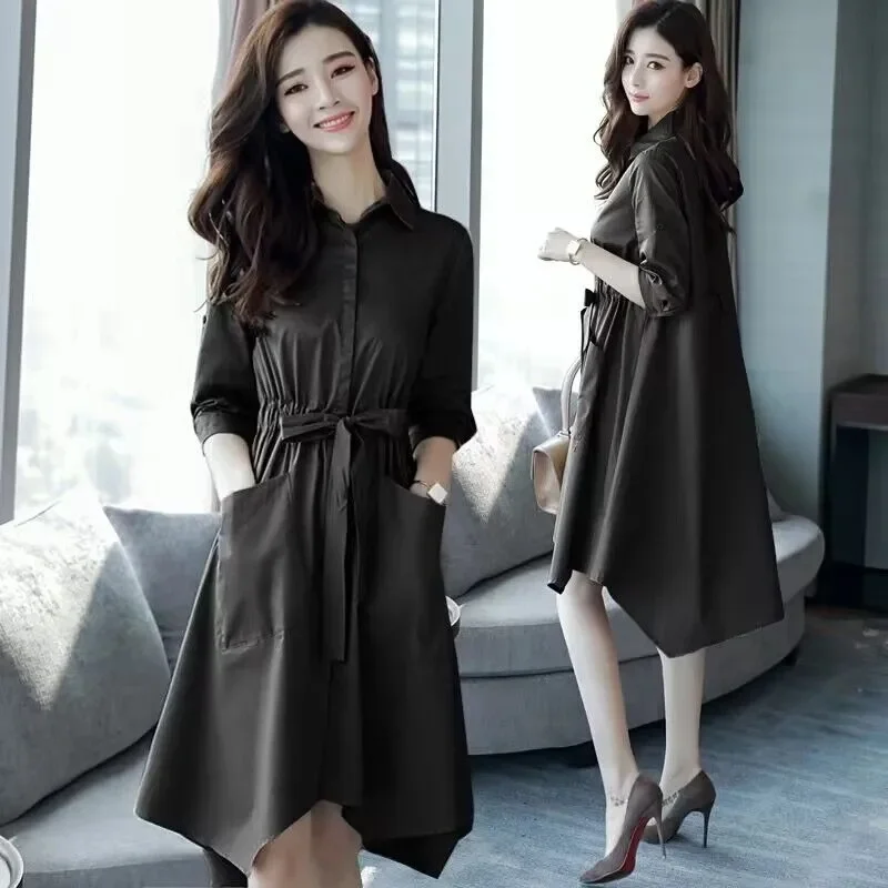 

Korean Female V-neck Long Sleeved Windbreaker Dress Coat 2024 Spring Autumn New Women V-neck Mid Length Version Vestidos Jacket