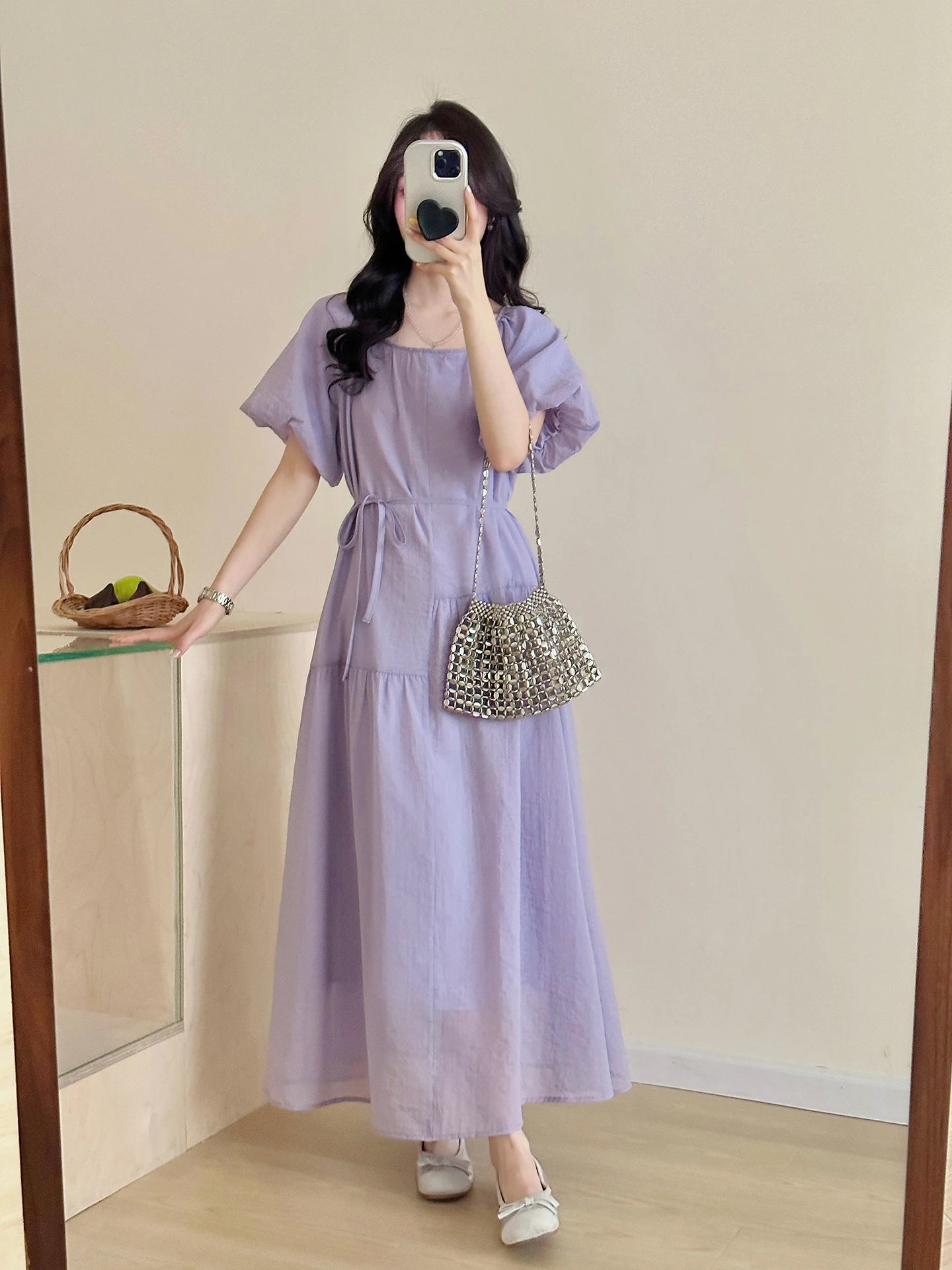 

SweetAnnie Lav 2026 Spring Summer New Sle Bubble Sve Gentle Wind Loose Casual Midi Dr Women's Cotton Dr