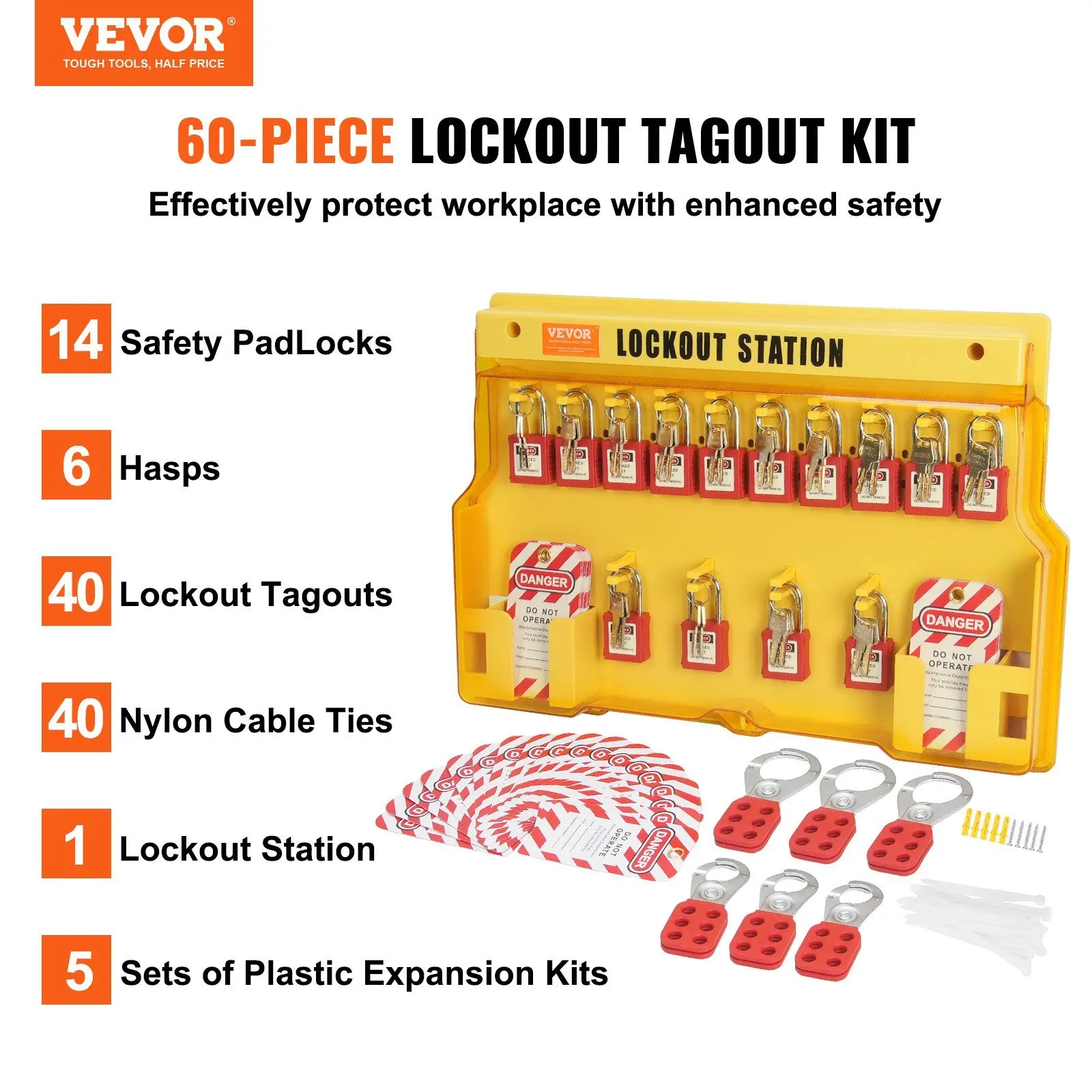 Electrical Lockout Tagout Kit, 60 PCS Safety Lockout Tagout Station Includes Padlocks, Hasps, Tags, Nylon Ties, Expansion