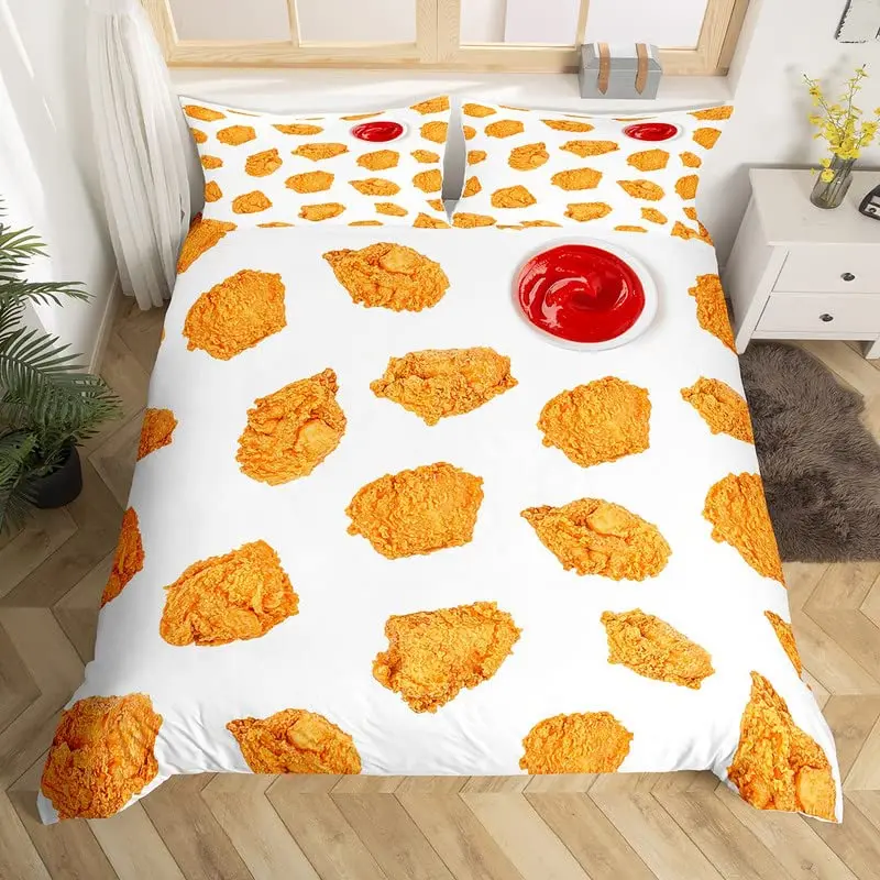 Fried Chicken Duvet Cover King Full Chicken Nuggets Print Bedding Set for Kids Snack Comforter Cover Funny Meat Food Quilt Cover