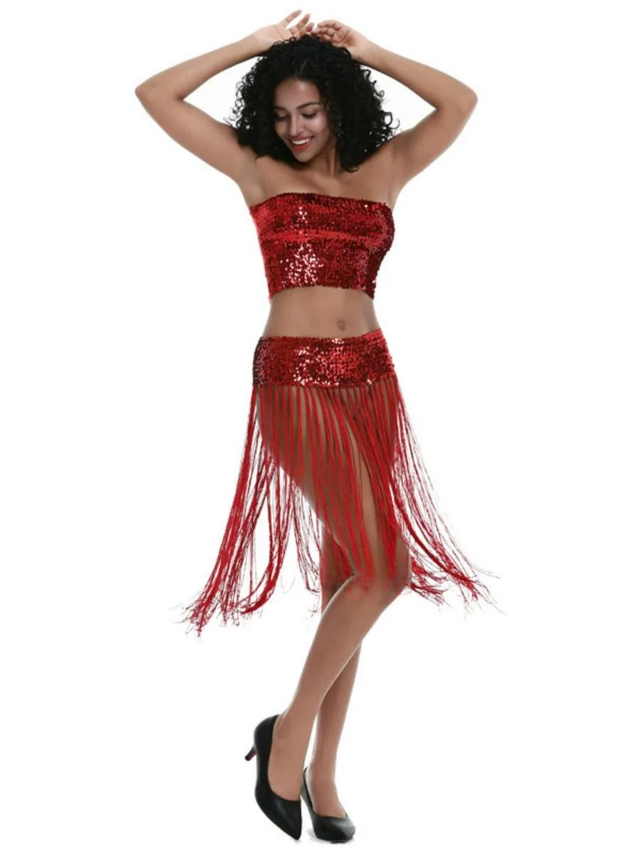 New Cross-Border Dance Costume Pure Color Anti-Light Wrap Chest Waist Skirt Sequins Sexy Performance Elastic Waist Chain