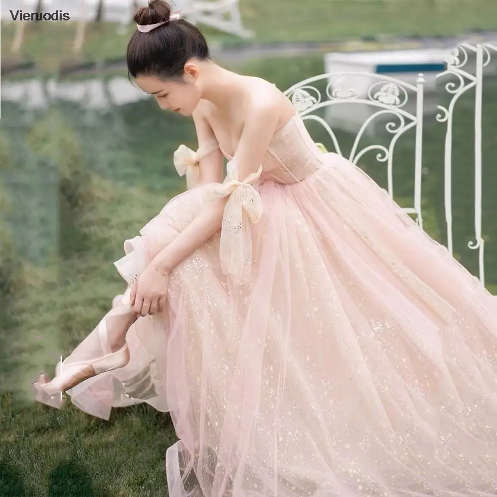 فستان حفلة موسيقية وردي على شكل حرف A لامع على شكل قلب وأربطة فستان حفلات بأكمام منتفخة قابلة للفصل فستان سهرة فيستدو دي نوش #3