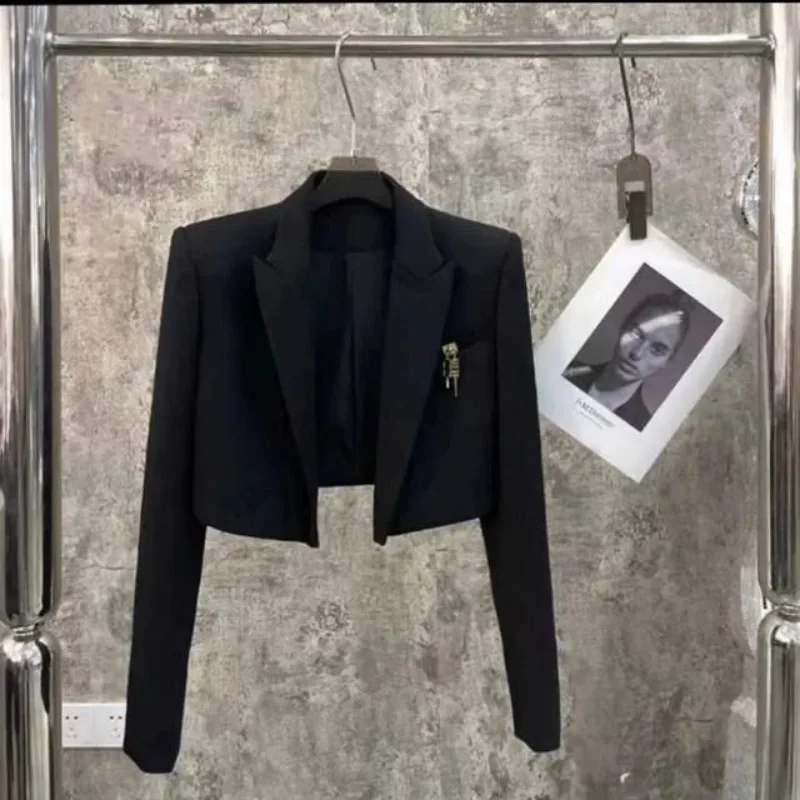 

Весенне-осенний женский укороченный пиджак-блейзер Baichunqiu, черный, короткий топ-костюм