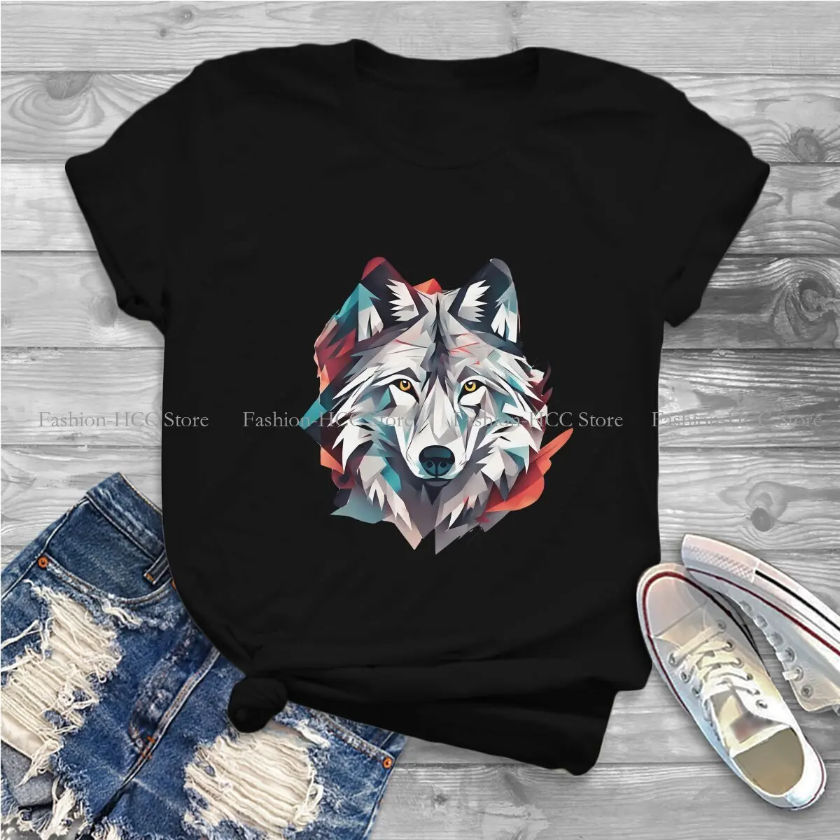 Pastel Fashion Polyester TShirts Wild  Wolf Women Graphic Streetwear T Shirt Round Neck