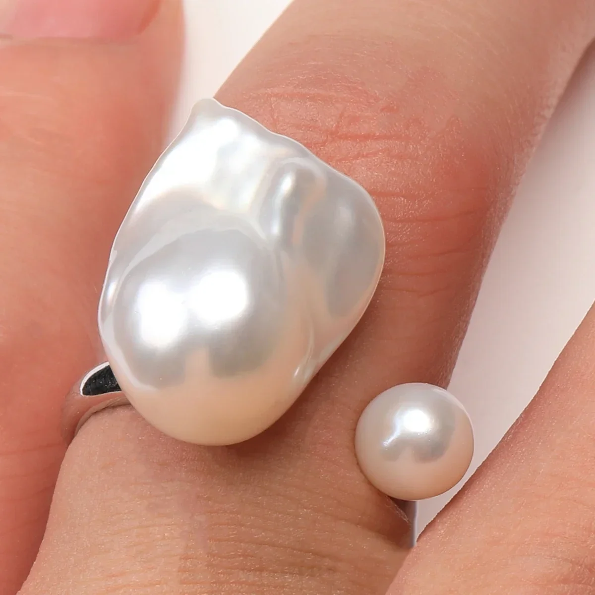 Aurora Bright White Natural Irregular Shaped Baroque Freshwater Akoya Double Pearl Ring S925 Sterling Silver Adjustable Opening