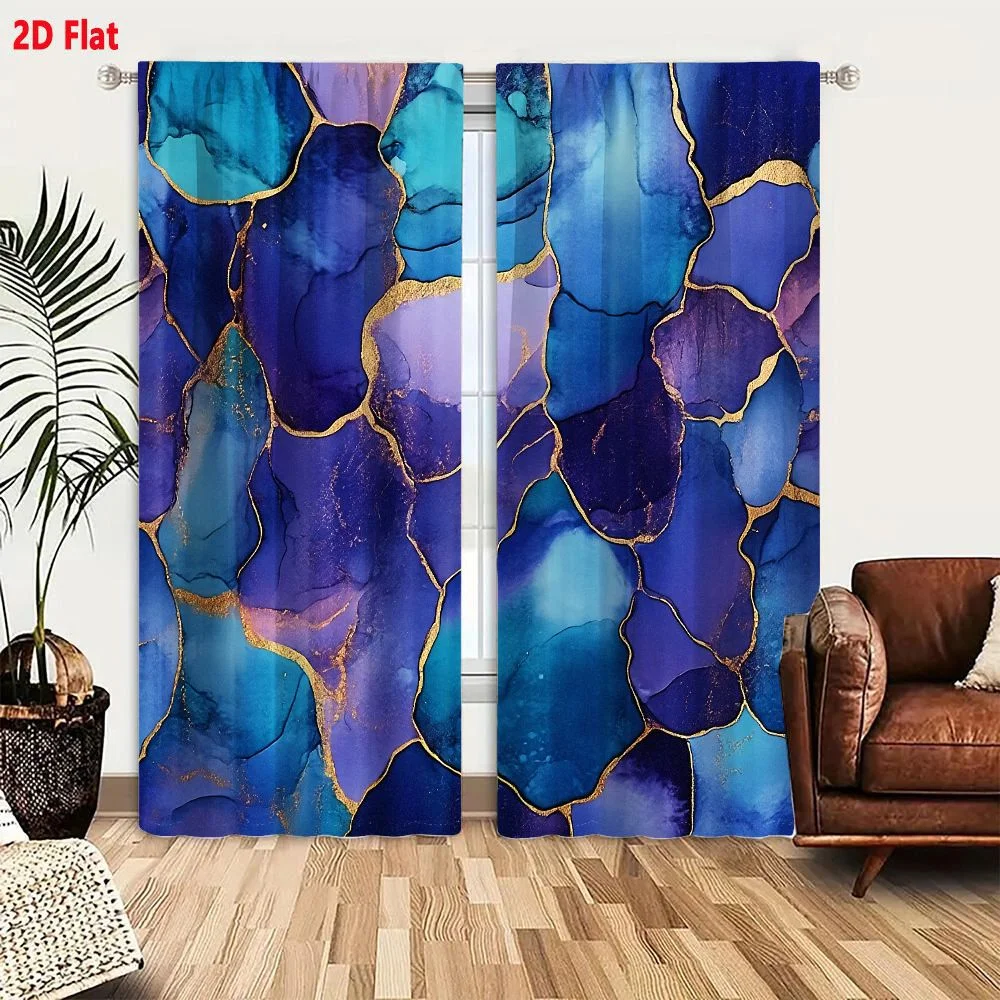 2Pcs Curtains 2D Flat Abstract Fluid Art Blue Purple Gold Vein Pattern Wall Decor Window Drapes for Bedroom Room Decor Decoratio
