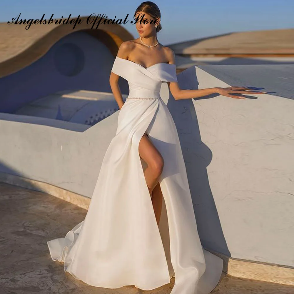 Angelsbridep A Line Organza abiti da sposa Off spalla spacco laterale semplice Sweep Train abiti da sposa abito da sposa Robe De Mariage