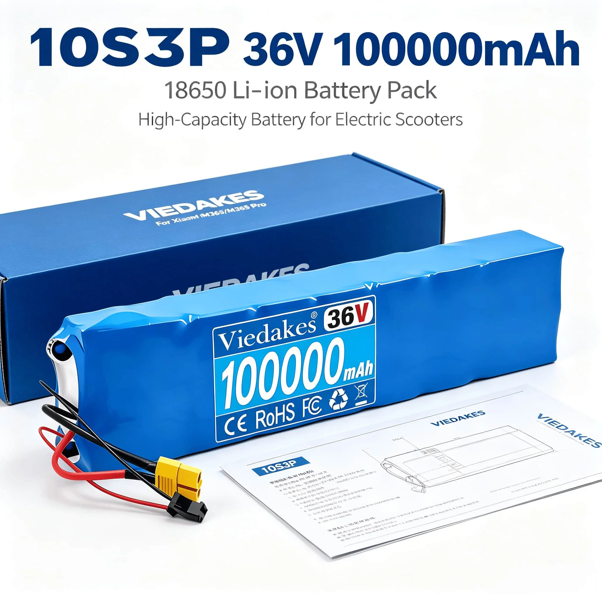 36V 100000mAh Li-ion Battery Pack 10S3P For XiaoMi M365/M365 Pro With Customizable Interface & Overcharge Protection BMS