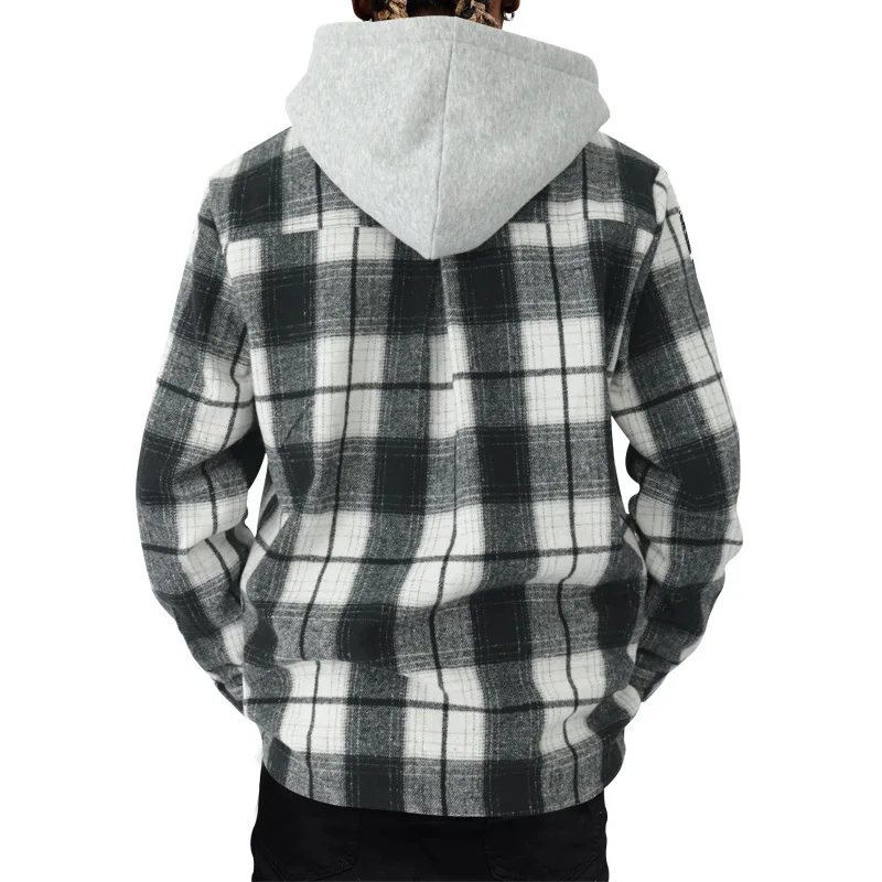 2024 new popular loose casual flannel jacquard long-sleeved hooded plaid shirt