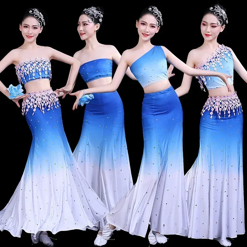 

New Chinese Dai Peacock Dance Dress Fish Tail Leotard Girl Dancewear Woman Hmong Dance Costume for Stage Perfromance Festival