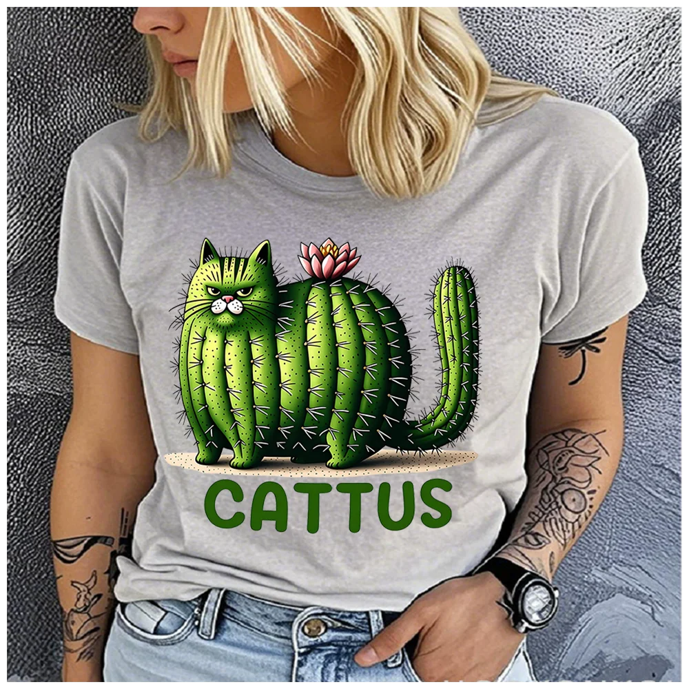 Women's Cotton 100% Cactus Cat  Print T-shirt Loose round Neck Casual Short Sleeve Fashion Top Wholesale Clothing Summer