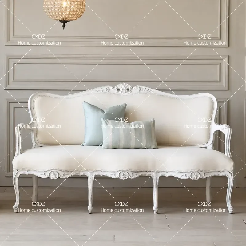 French Style Solid Wood Carved Floral Living Room Sofa American Fabric Double Triple Seater Studio Leisure Couch Customizable