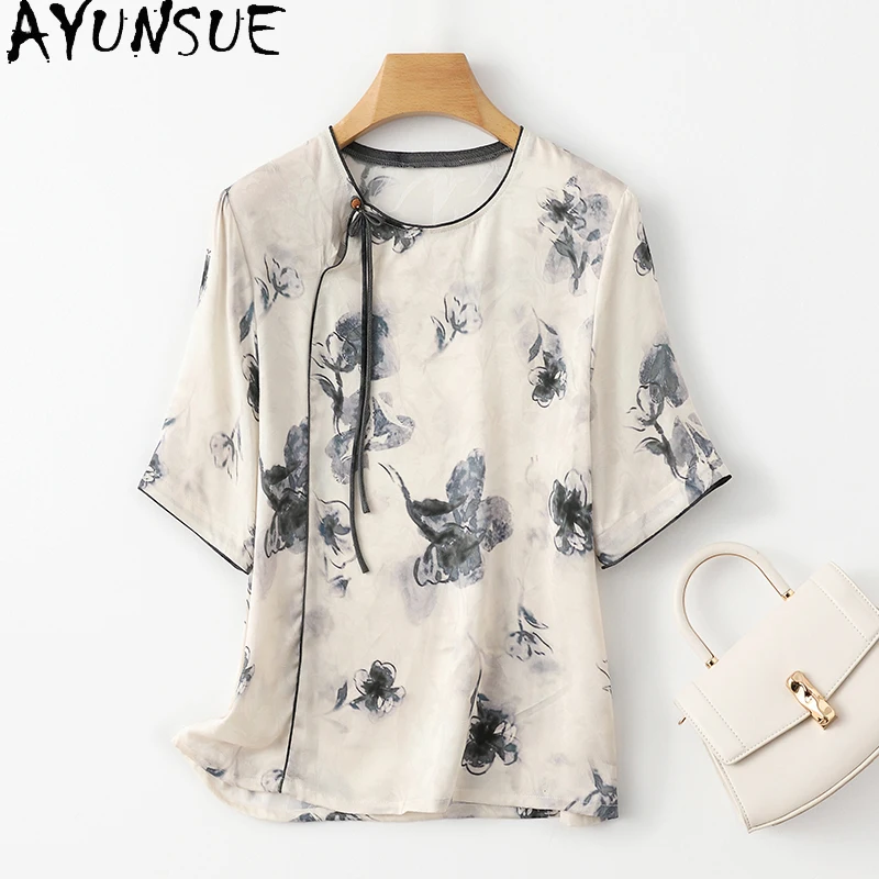 AYUNSUE 92% Genuine Mulberry Silk Women Retro New Chinese Style T Shirts 2024 Summer Woman Clothes Short Sleeved Women Tops