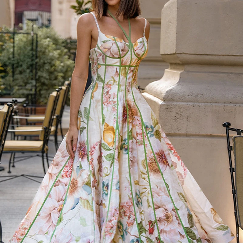 Fashionable Floral Print A-Line Hem Long Dress Women Sexy Halter Sling Spring Party Dress Summer Sleeveless Loose Bohemian Dress