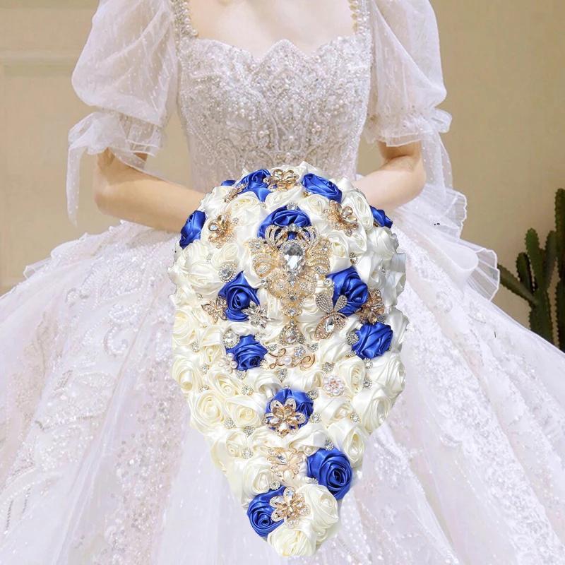 Ramo de novia en cascada con diamantes de imitación dorados, cascada, flor de boda, decoración romántica para fiesta de boda, ramo de boda de confesión