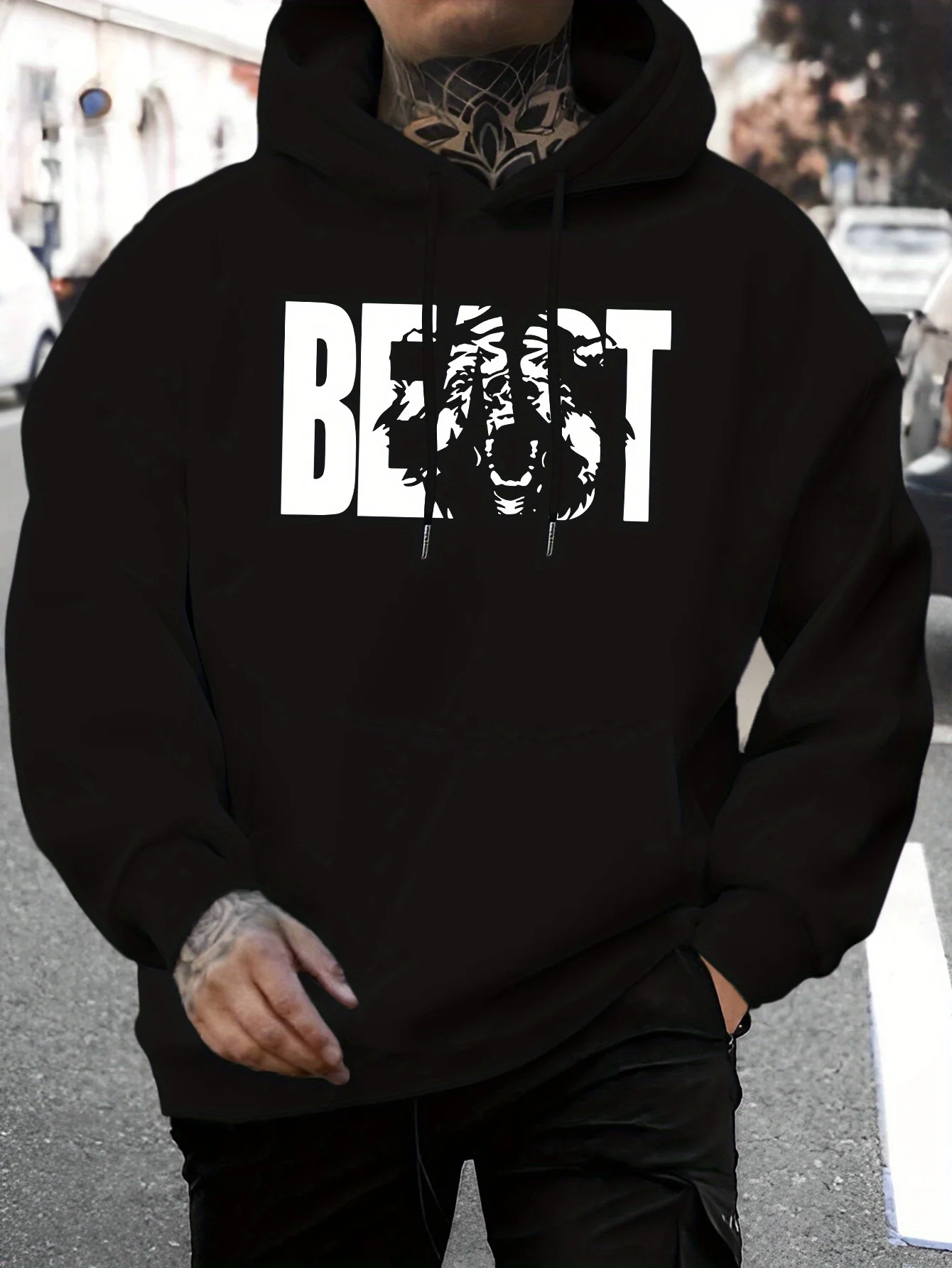 Men's New Fashion Personality Beast Letter Print Casual Sweatshirt, Stylish Drawstring Hoodie, Autumn and Winter Top, Comfortable Versatile Long-Sleeve Hooded Sweatshirt