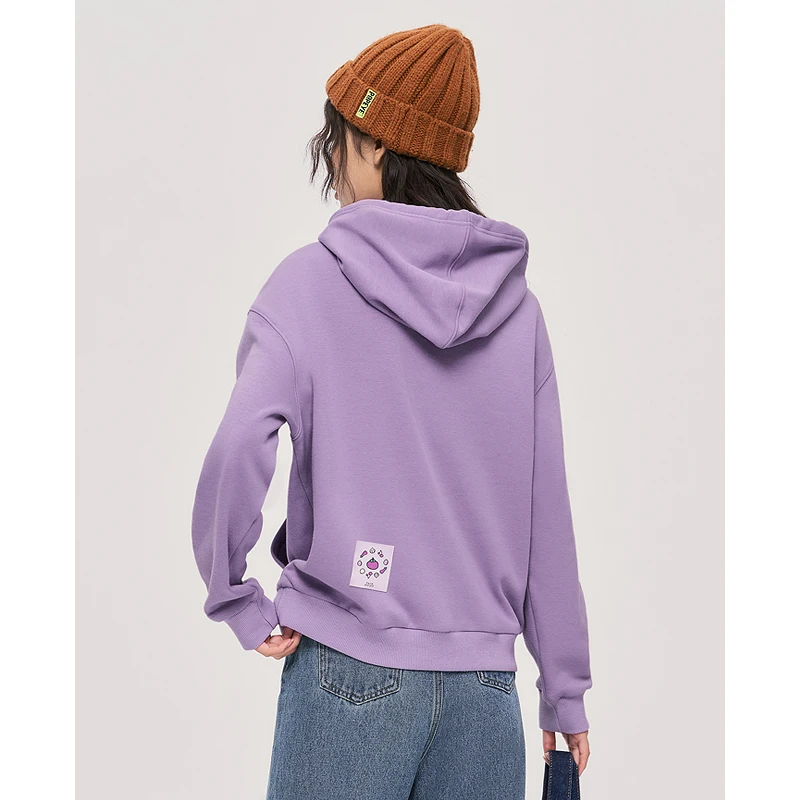 Toyouth Women Fleece Hooded Sweatshirt 2022 Autumn Long Sleeve Loose Hoodies Eggplant Print Casual Streetwear Pullover