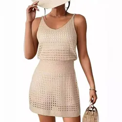 Sexy Women Hollow Out Knitted Camisole Dress Tank Sleeveless Deep V-neck Beach Dress Vestidos Female Elegant Holiday Beachwear