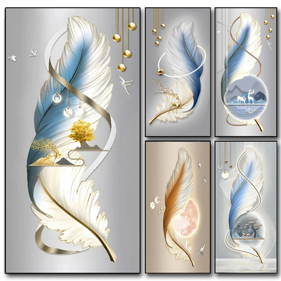 Large 5D DIY Diamond Painting Abstract Gold Tree Deer White Feather Mosaic Embroidery Full Rhinestones Nordic Cuadros Art W543