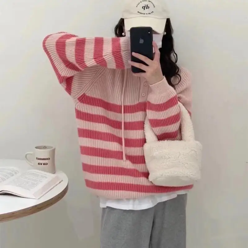 Camisola feminina menina inverno pulôver com capuz camisola de malha listrado bloco de cor manga longa fino ajuste moda topos casual faculdade