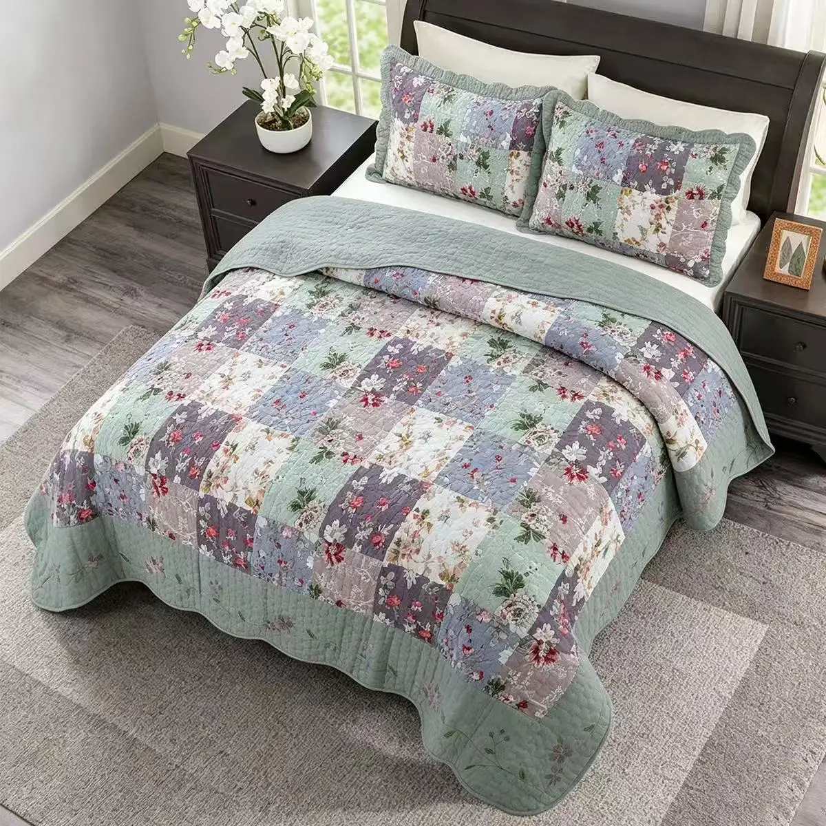 3pcs Pure Cotton Quilted Bedspread Set Queen King Size Bed Cover French Pastoral Style Patchwork Quilt Blanket Non-slip Sheet