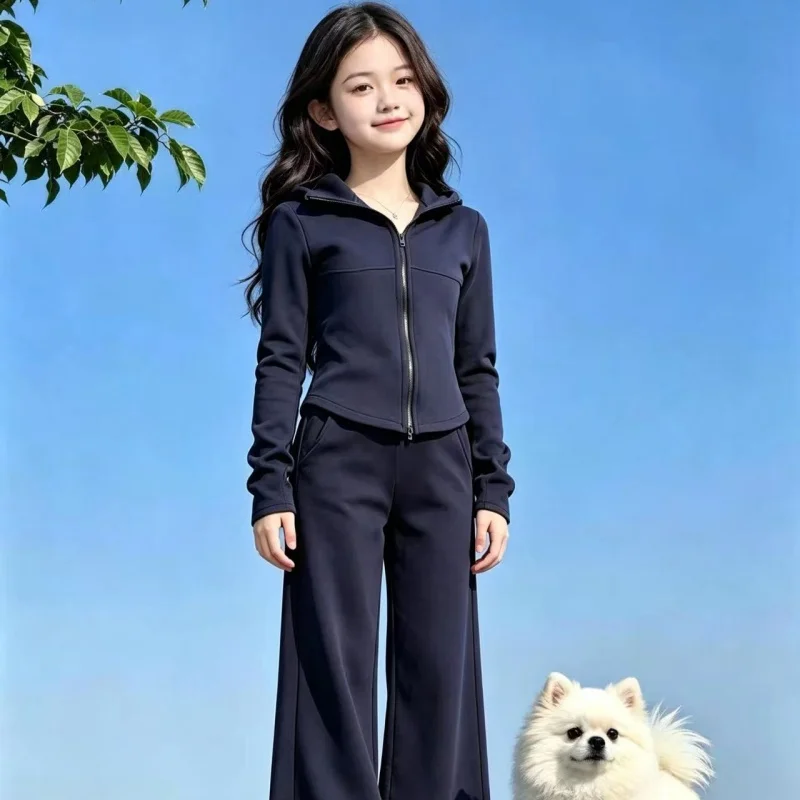 autumn teen girl sport clothes set Hooded sweatshirt jacket wide-leg pants 2pcs junior kid sportswear suit children outfits 4-14