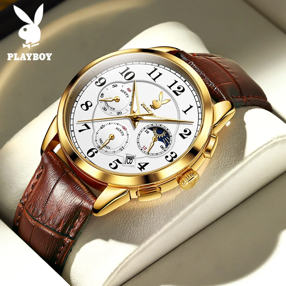 PLAYBOY High Quality Original Quartz Watch for Men Elegant Fashion Men\'s Wrist Watches Waterproof Leather Strap Luxury Man Watch