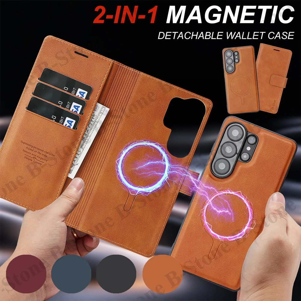 2 In 1 Leather Flip Case for Samsung Galaxy S26 Ultra 25 Plus S24 S23 S26U Wireless Charging Magnetic Cash Card Slots Phone Case