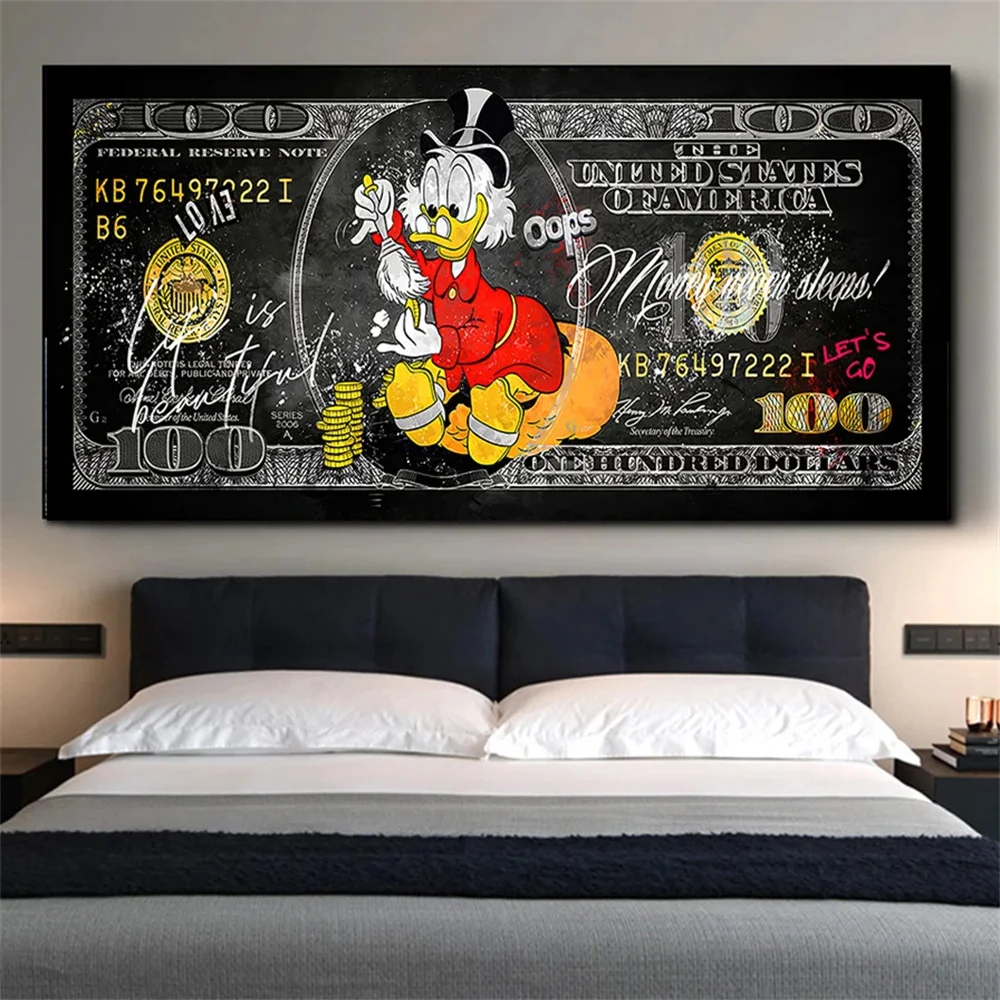 Donald Duck and 100 Dollars Pop Art Canvas Posters and Prints Modern Money Graffiti Art Paintings on the Wall Art Pictures Decor