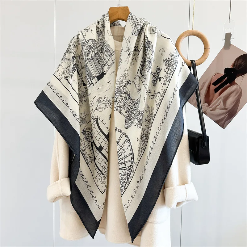 

2025 Womens Winter Wool Scarves Wraps Large Square Elegant Wool Shawl Cape Black White Printed 130x130cm