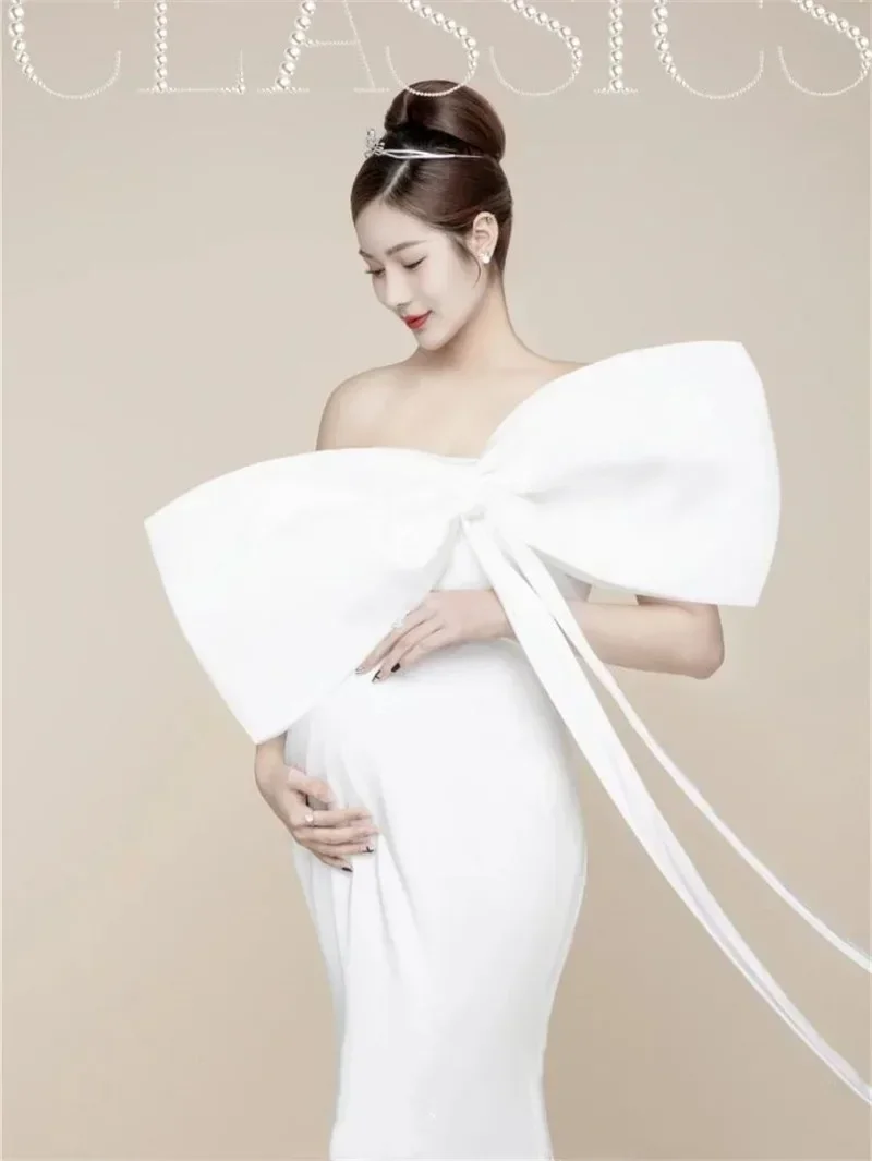 

Big Bow Style Maternity Evening Dress For Baby Shower Party Pregnancy Maxi Gown Photography Pregnant Women Photo Shoot Prop