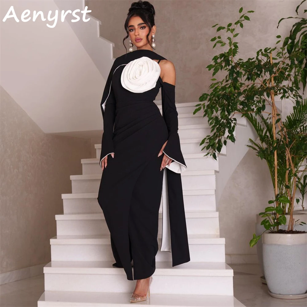 Aenyrst preto 3d flores mangas compridas vestidos de noite com cachecol sereia split vestido de baile comprimento do tornozelo vestidos de ocasião personalizados